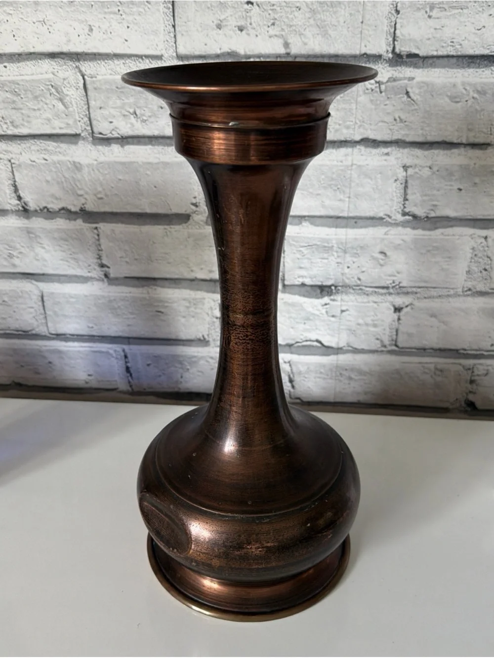 Vintage Patinated Brass Trumpet Candle Holder / Bud Vase – 12.5